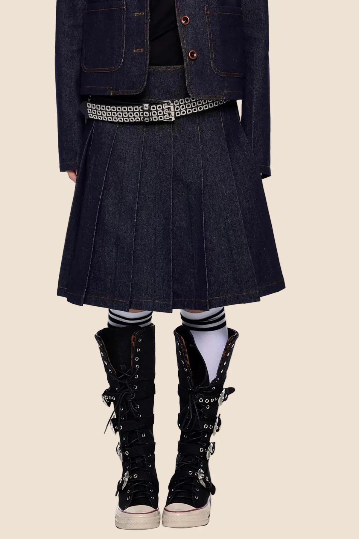 Retro Denim Pleated Skirt Suit Set-Up