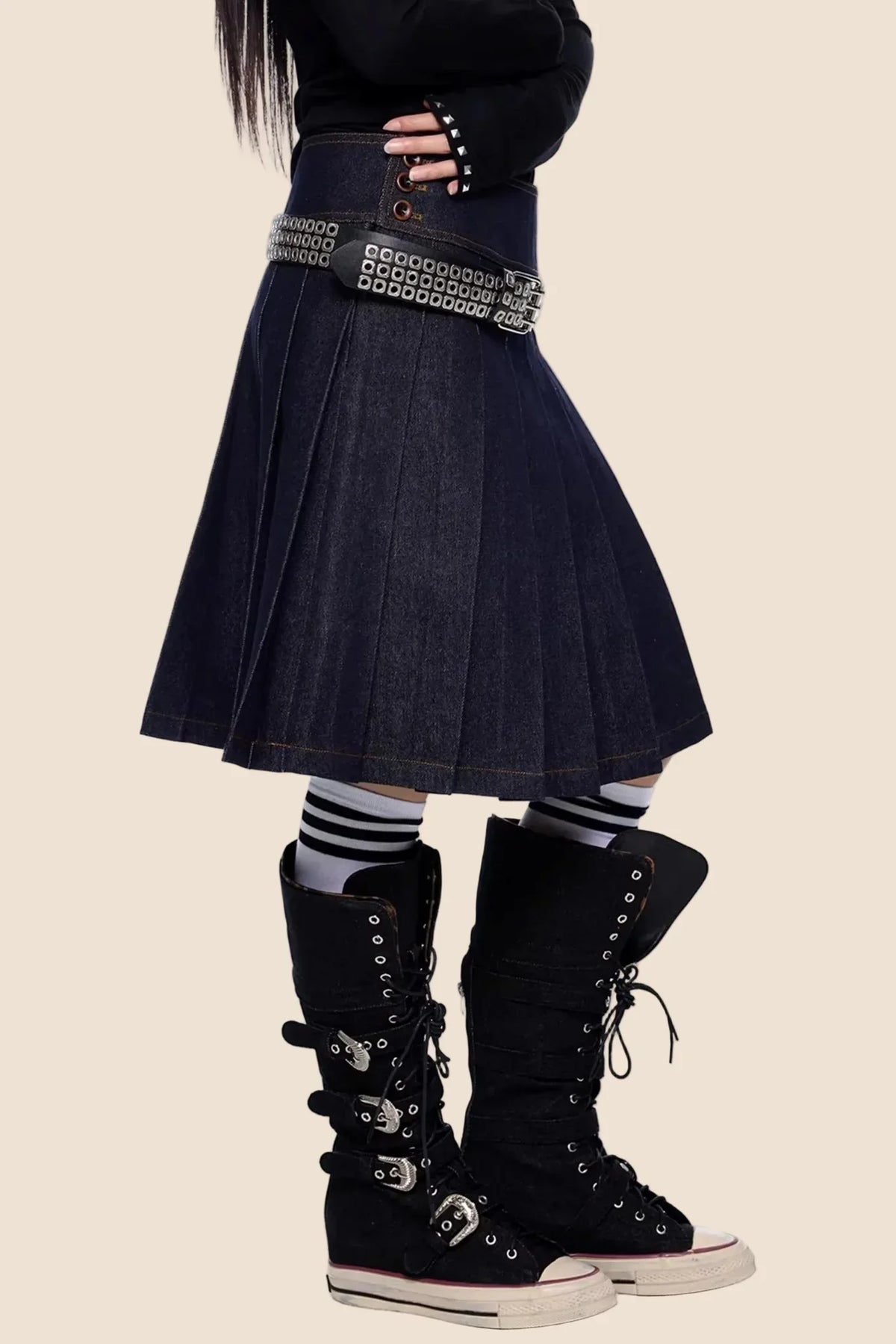Retro Denim Pleated Skirt Suit Set-Up