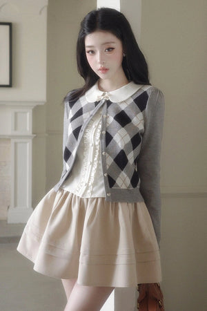 Retro Diamond Knit Cardigan Set-Up