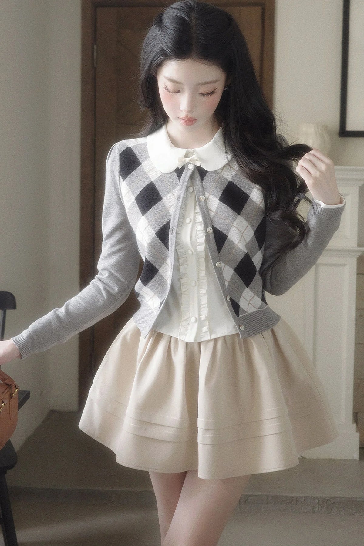 Retro Diamond Knit Cardigan Set-Up