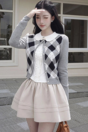 Retro Diamond Knit Cardigan Set-Up
