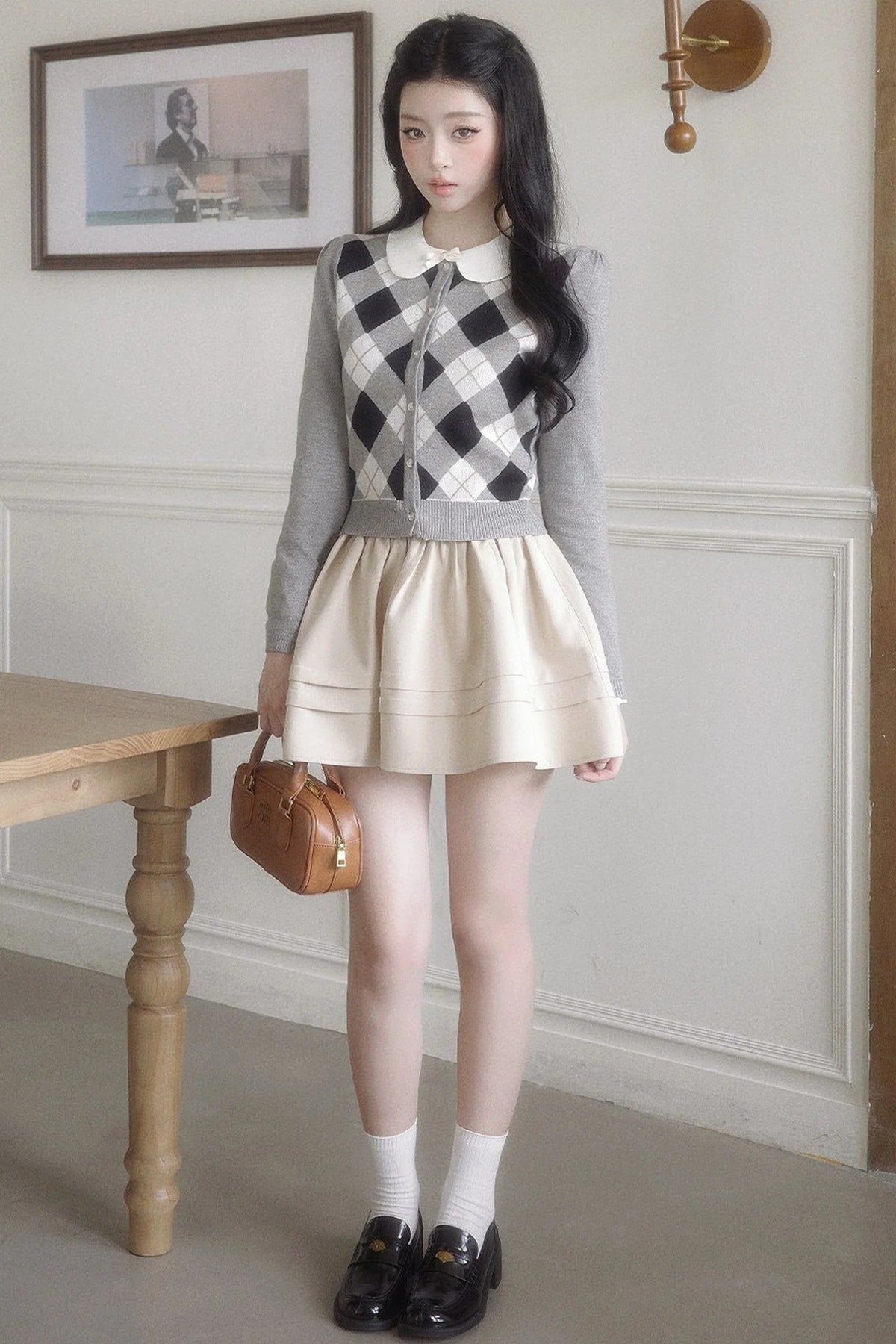 Retro Diamond Knit Cardigan Set-Up