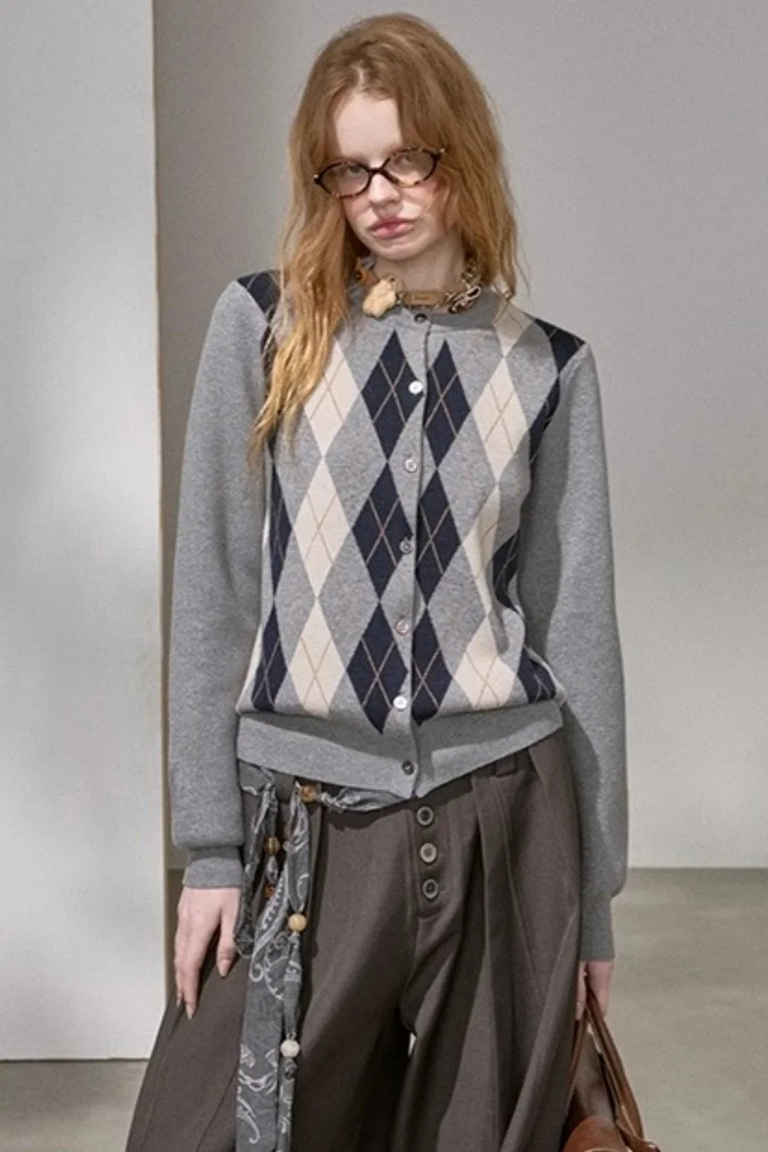 Retro Diamond-Pattern Knit Top