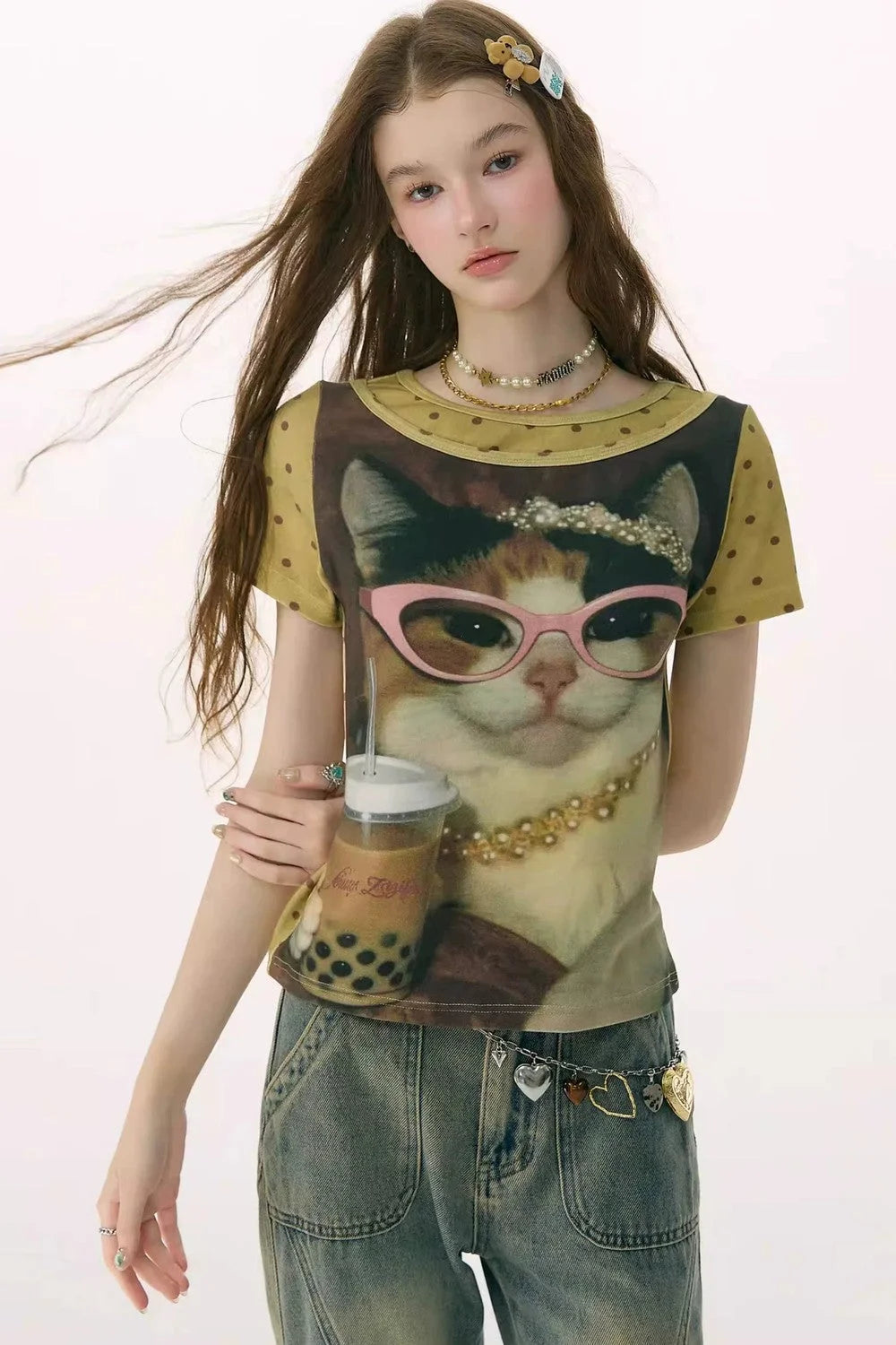 Retro Distressed Cat Print T-Shirt