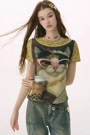 Retro Distressed Cat Print T-Shirt