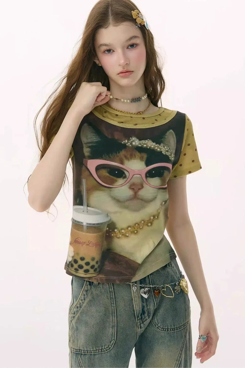 Retro Distressed Cat Print T-Shirt