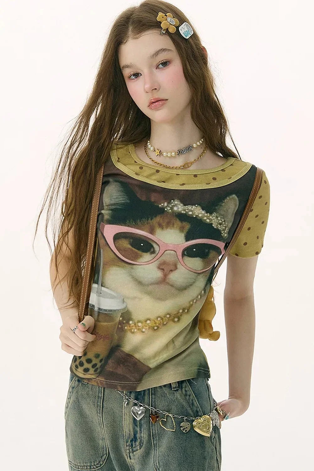 Retro Distressed Cat Print T-Shirt