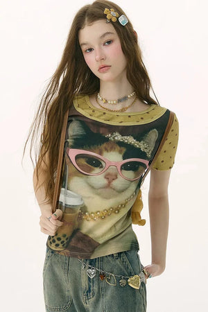 Retro Distressed Cat Print T-Shirt