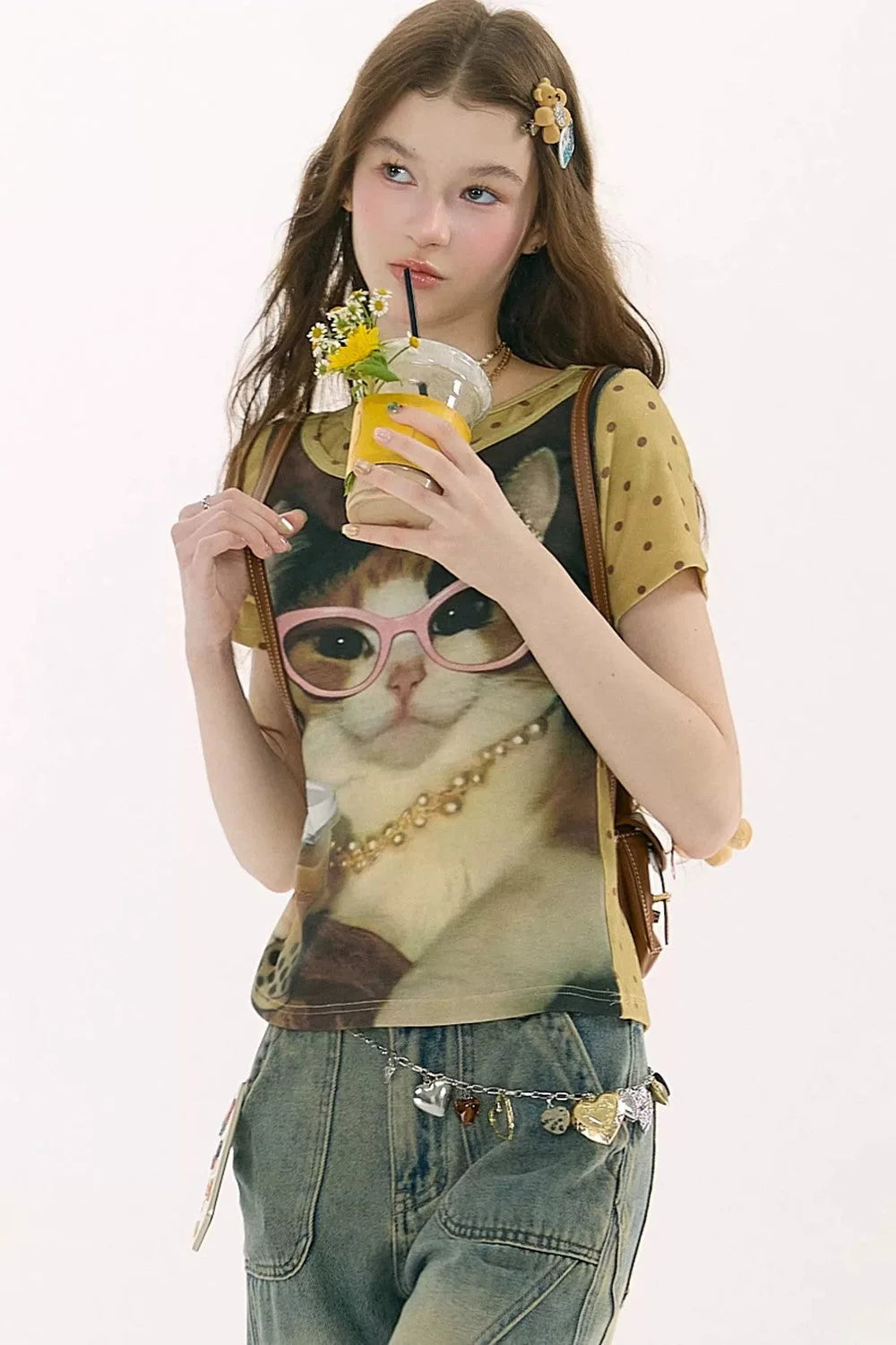 Retro Distressed Cat Print T-Shirt