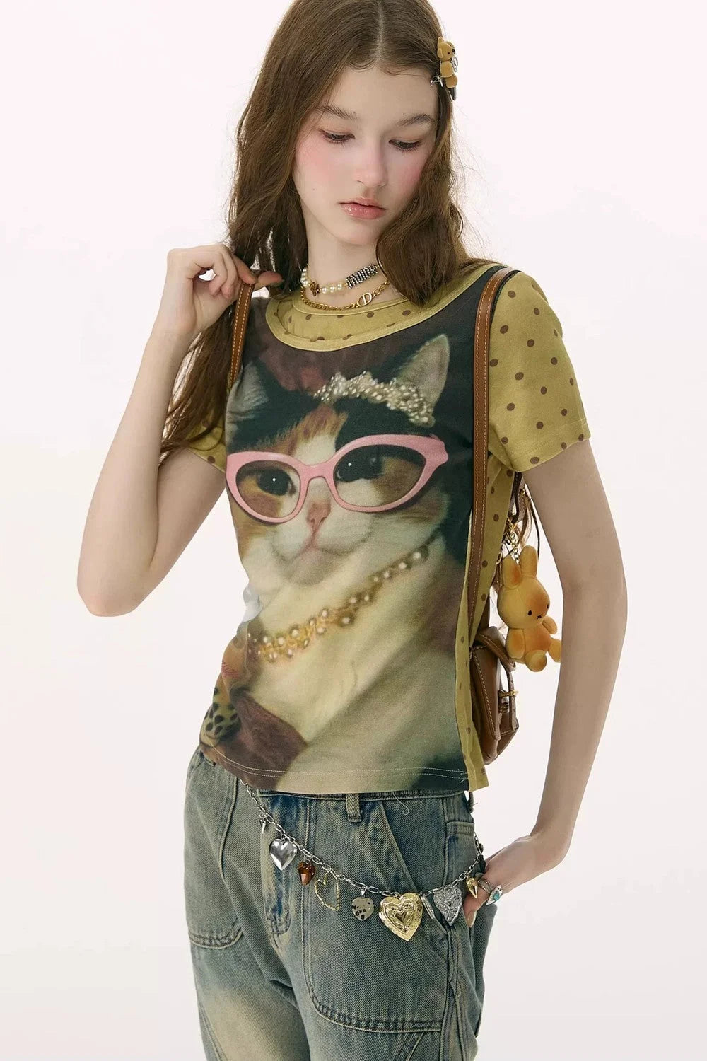 Retro Distressed Cat Print T-Shirt