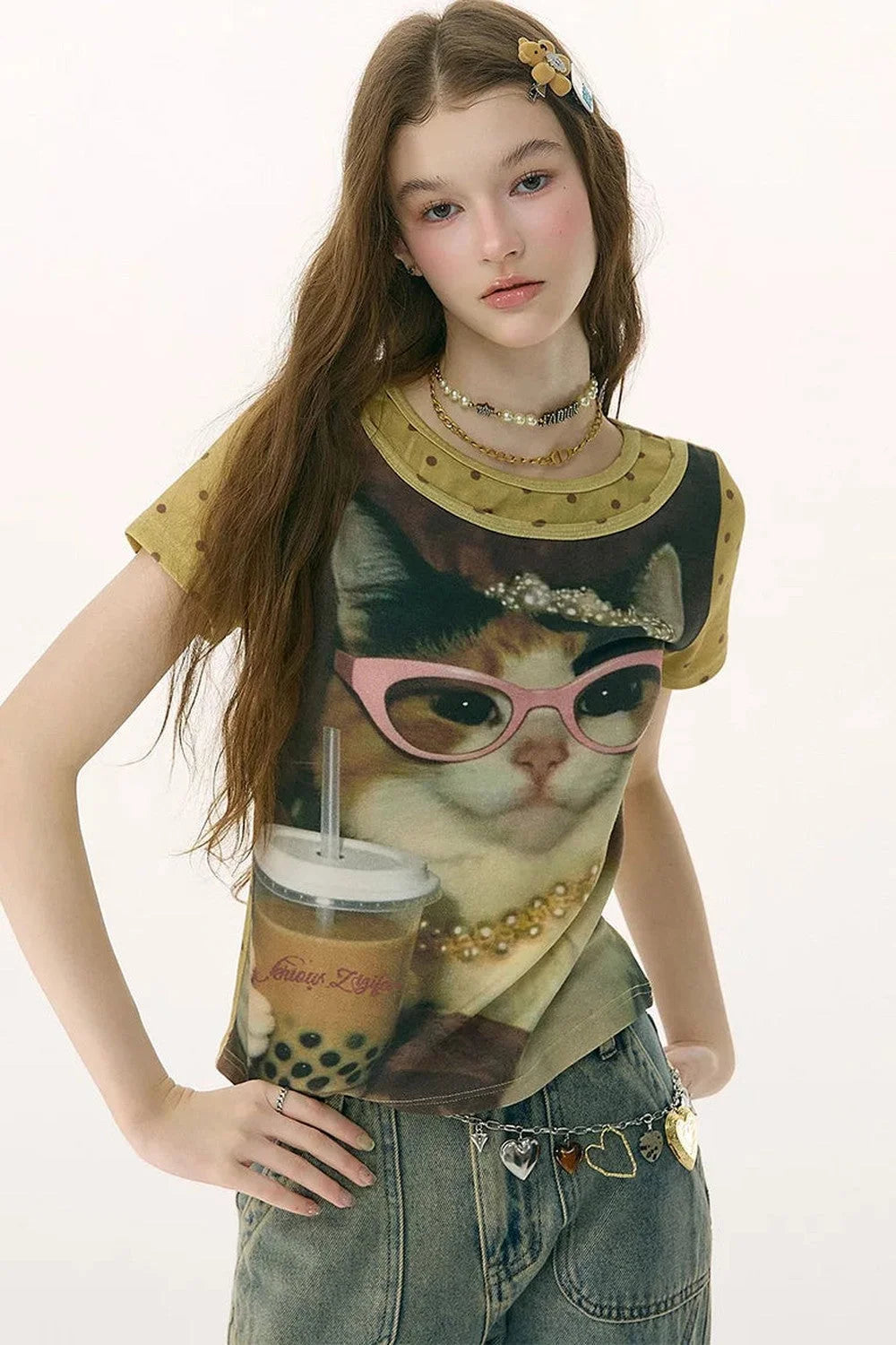 Retro Distressed Cat Print T-Shirt