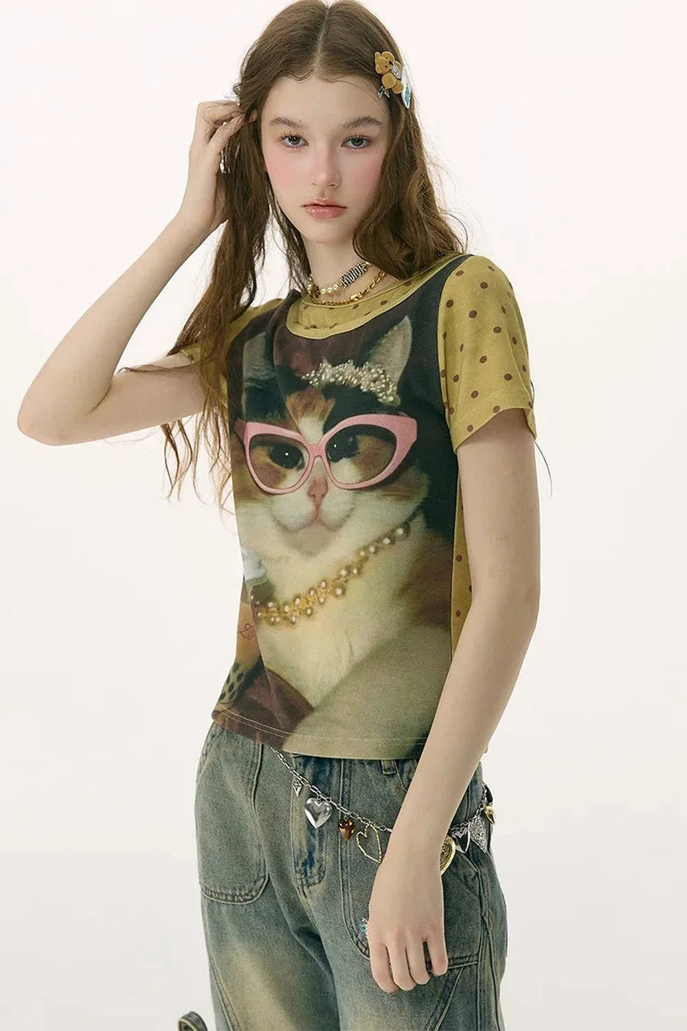 Retro Distressed Cat Print T-Shirt