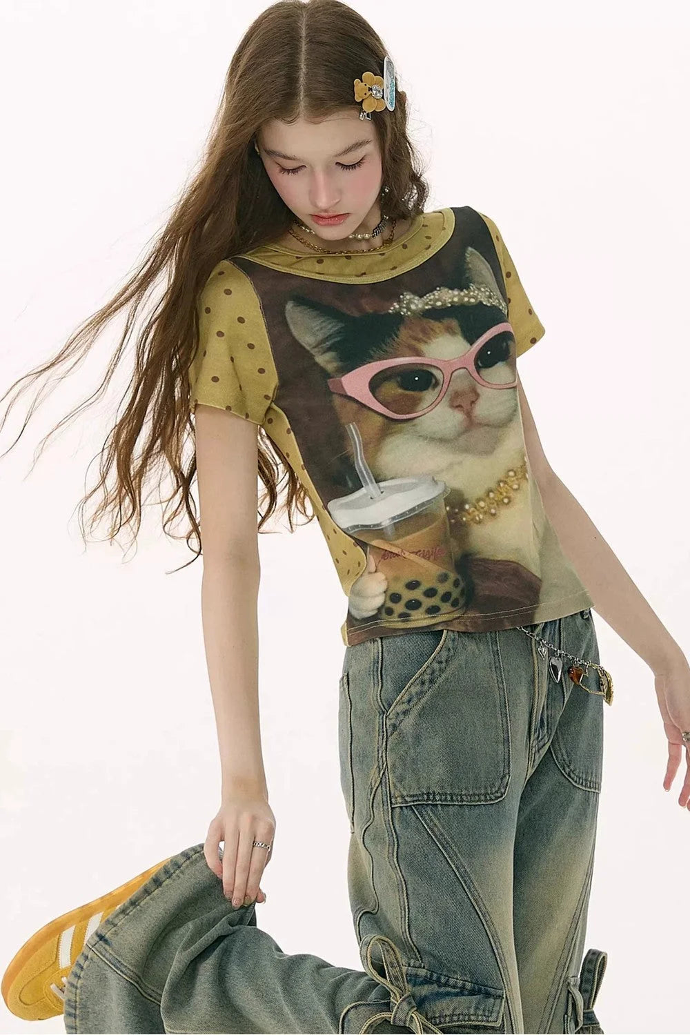 Retro Distressed Cat Print T-Shirt