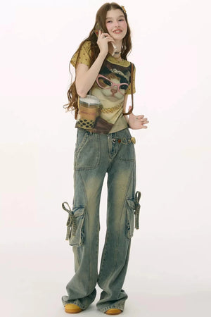 Retro Distressed Cat Print T-Shirt