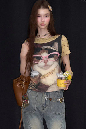 Retro Distressed Cat Print T-Shirt