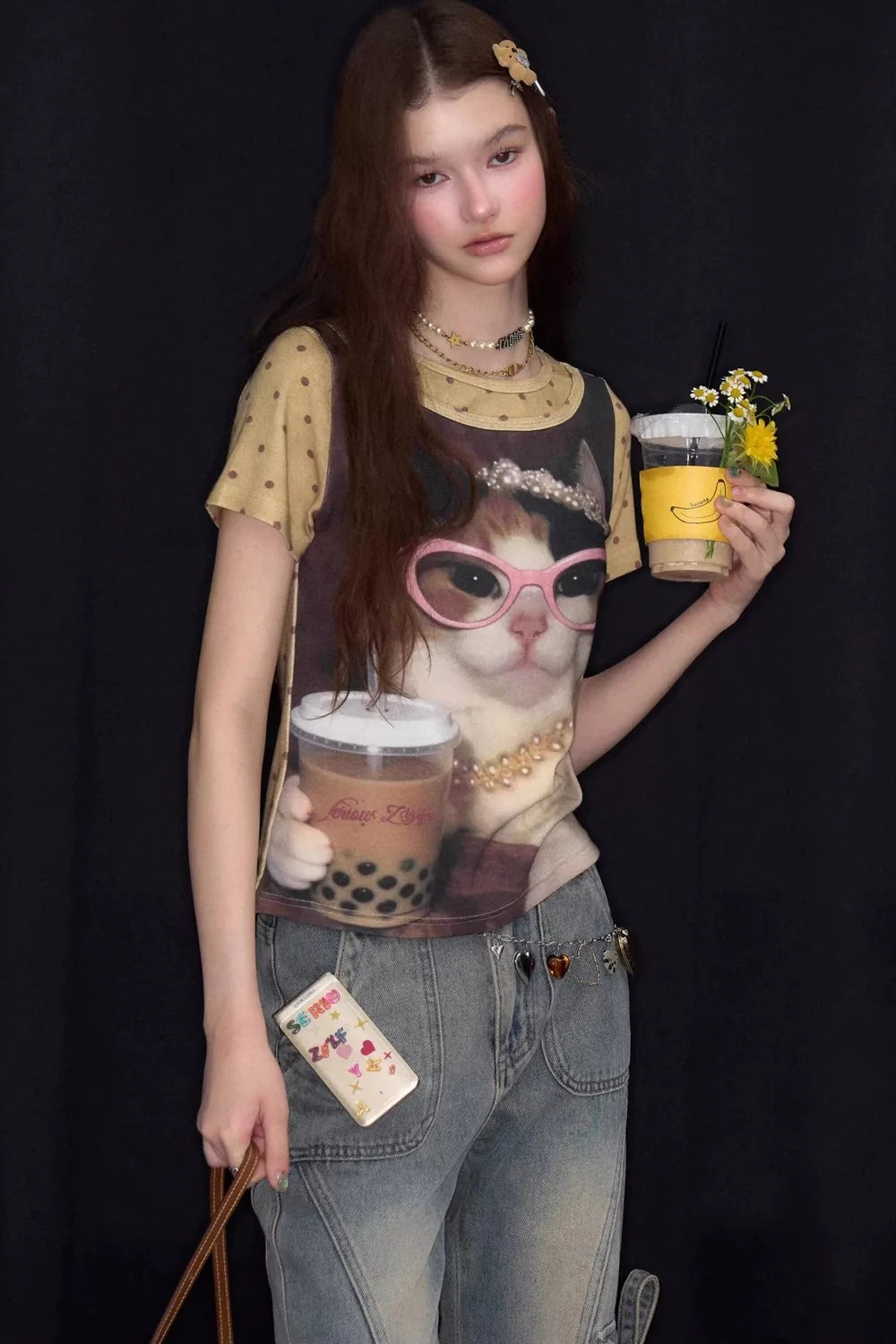 Retro Distressed Cat Print T-Shirt