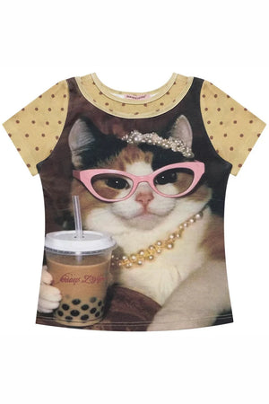 Retro Distressed Cat Print T-Shirt