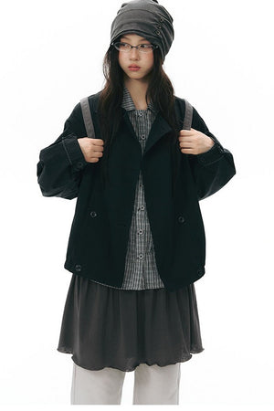 Retro Double-Breasted Workwear Jacket and Skirt Set-Up