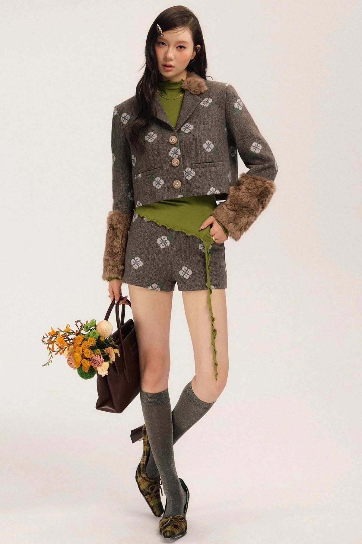 Retro Embroidery Tweed Fur Shorts Set-Up