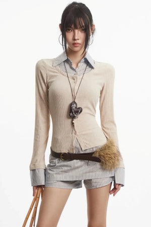 Retro Fake Two Striped Autumn Top