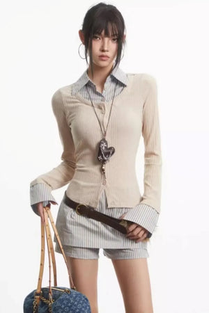 Retro Fake Two Striped Autumn Top