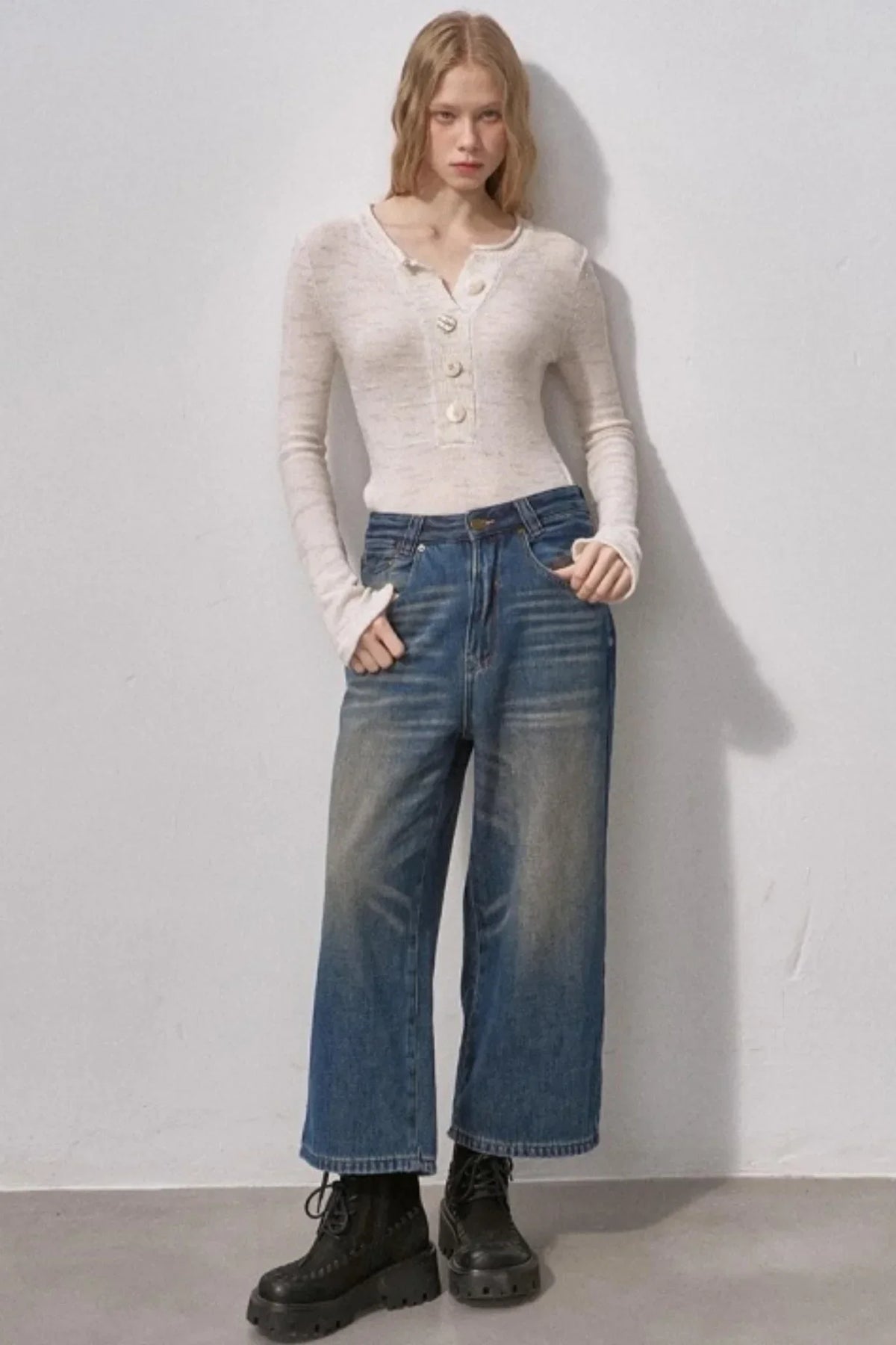 Retro Fleece-Lined Cropped Jeans