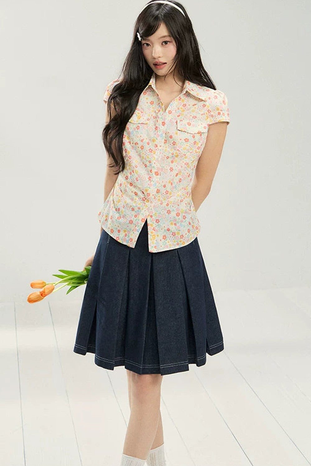 Retro Floral Collar Top and Skirt Set