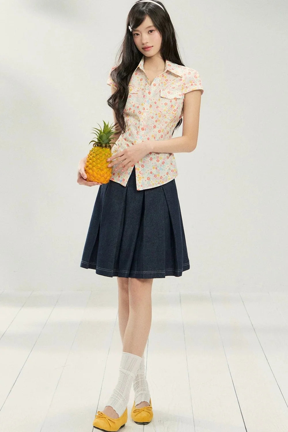Retro Floral Collar Top and Skirt Set
