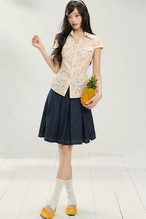 Retro Floral Collar Top and Skirt Set