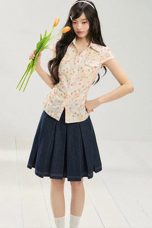 Retro Floral Collar Top and Skirt Set