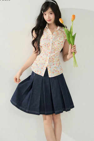 Retro Floral Collar Top and Skirt Set