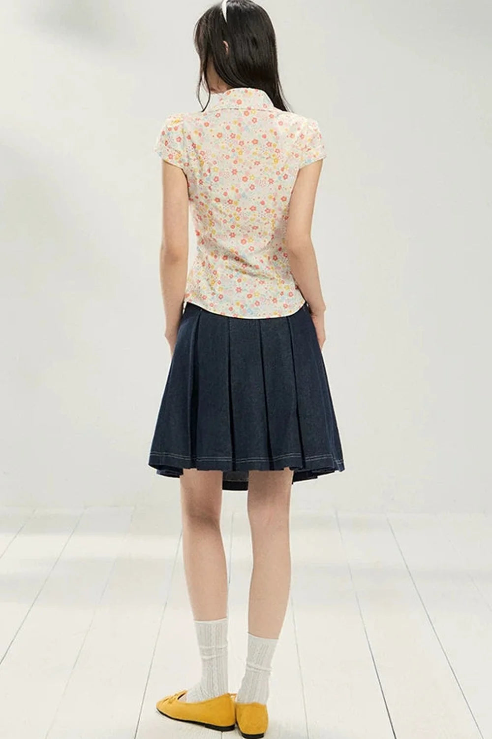 Retro Floral Collar Top and Skirt Set