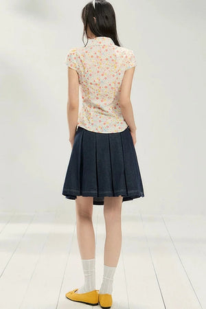 Retro Floral Collar Top and Skirt Set