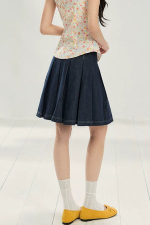 Retro Floral Collar Top and Skirt Set