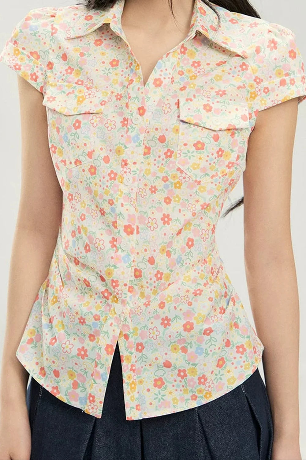Retro Floral Collar Top and Skirt Set