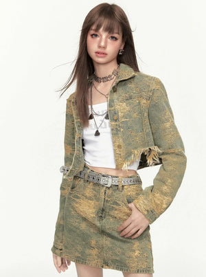 Retro Fried Street Denim Jacket And Skirt Set