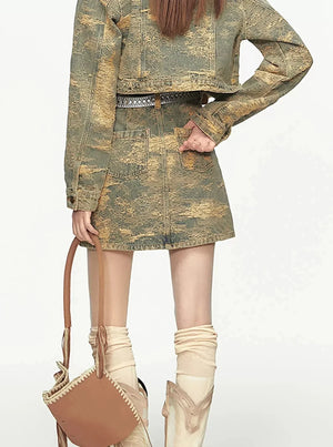 Retro Fried Street Denim Jacket And Skirt Set