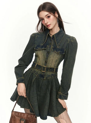 Retro Gradient Bubble Sleeve Denim Dress