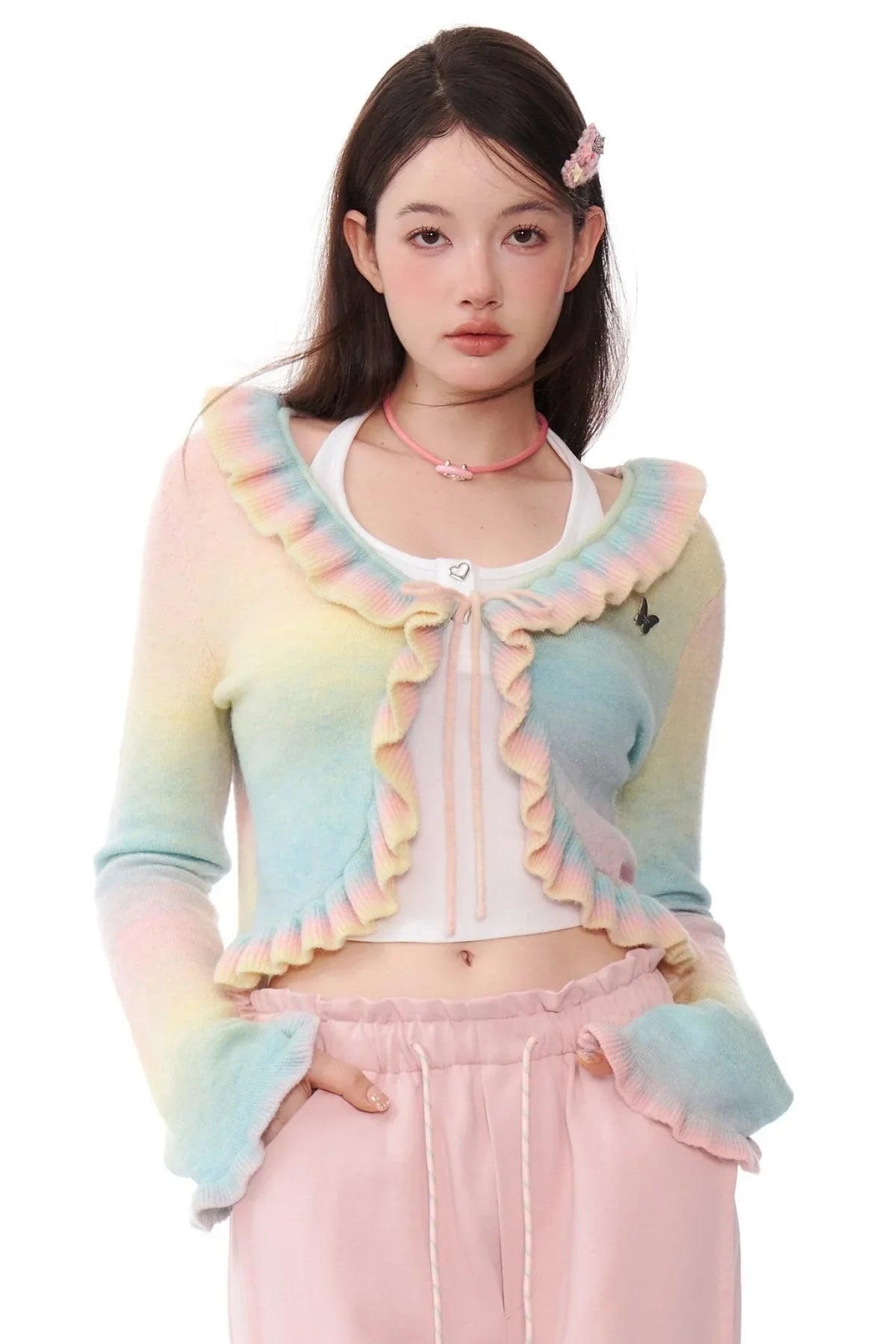 Retro Gradient Ruffles Bell Sleeve Cardigan