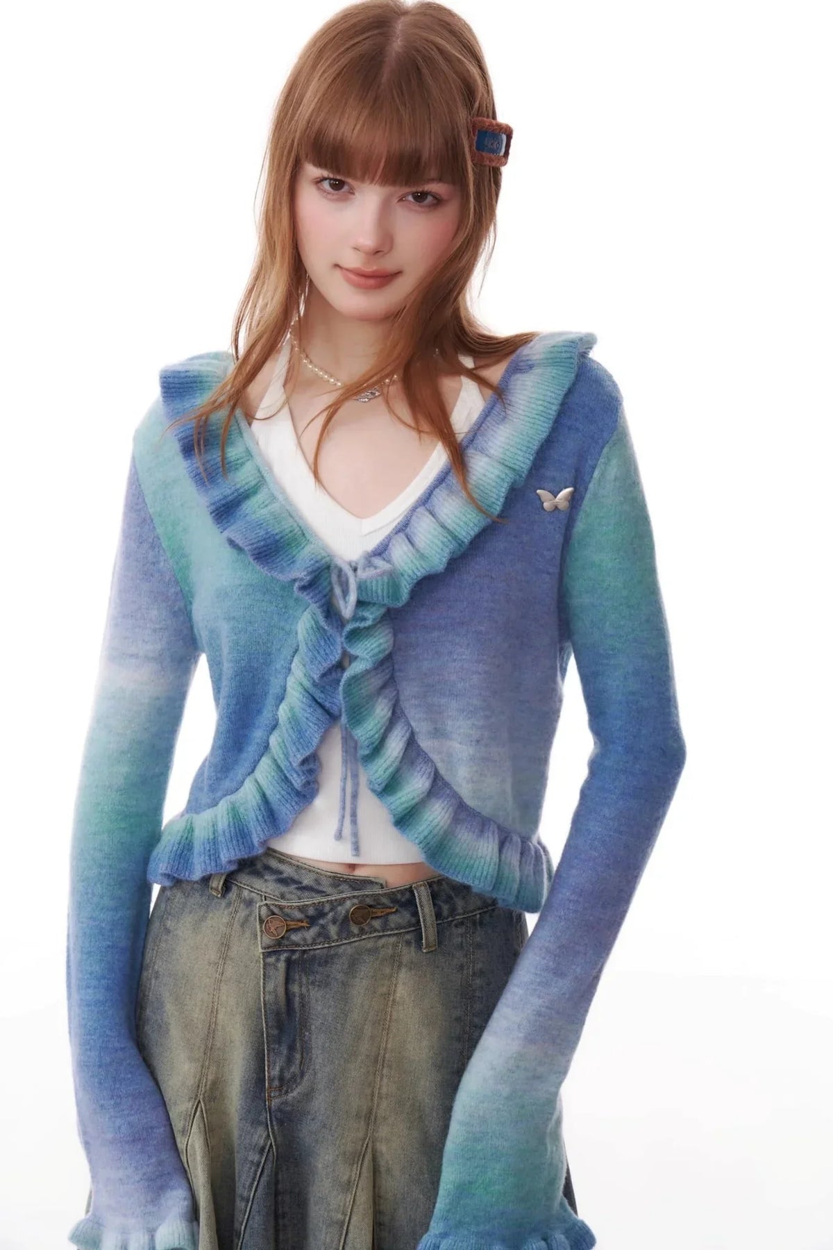 Retro Gradient Ruffles Bell Sleeve Cardigan