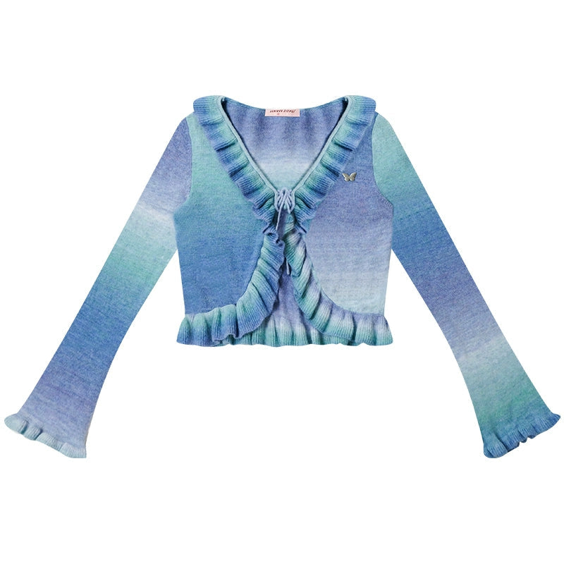 Retro Gradient Ruffles Bell Sleeve Cardigan