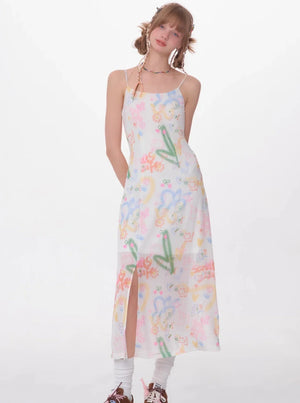 Retro Graffiti Print Slip Dress