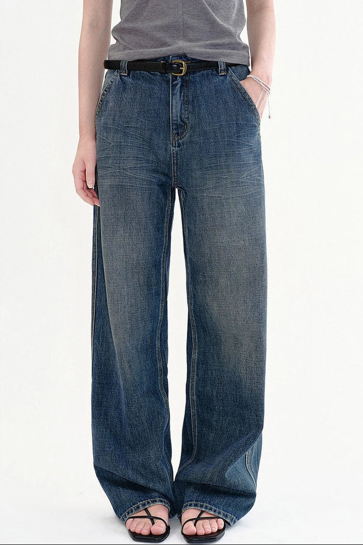 Retro High-Waisted Washed Wide-Leg Jeans
