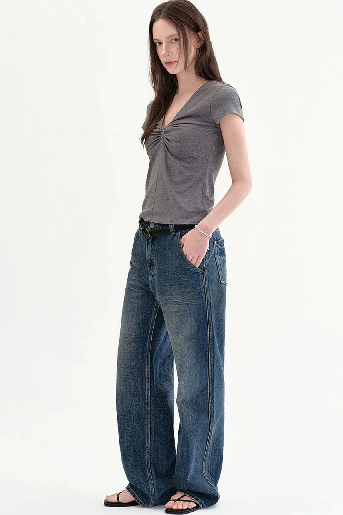 Retro High-Waisted Washed Wide-Leg Jeans