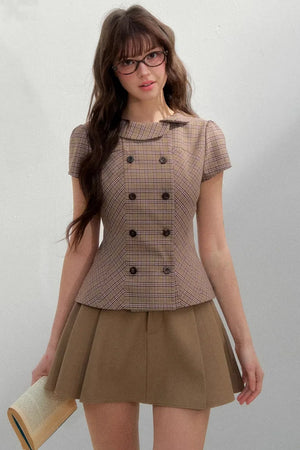 Retro Khaki Plaid Skirt Set-Up
