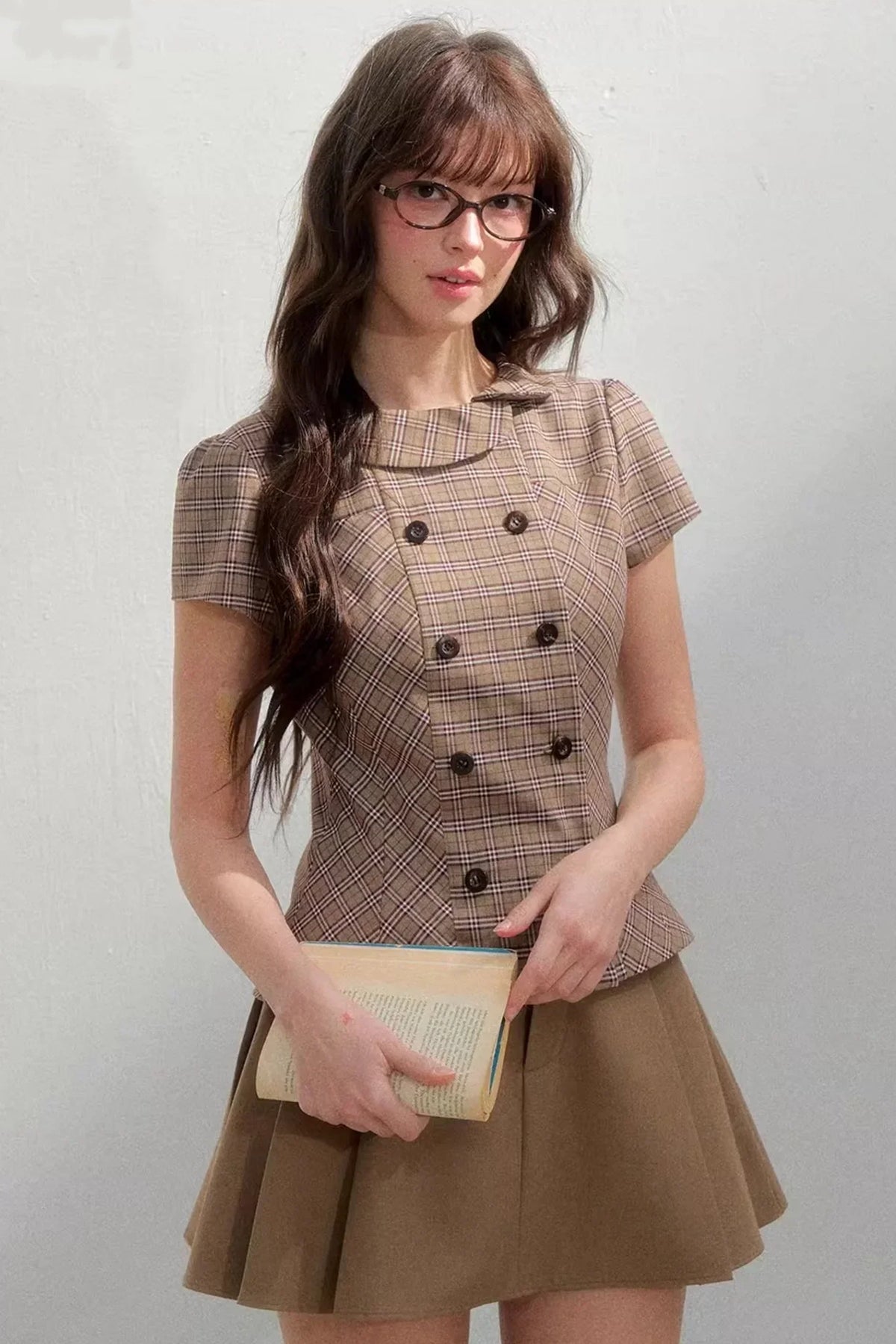 Retro Khaki Plaid Skirt Set-Up