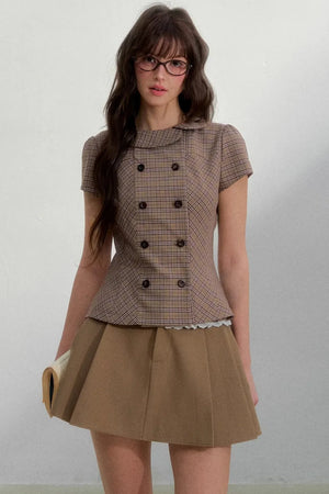 Retro Khaki Plaid Skirt Set-Up