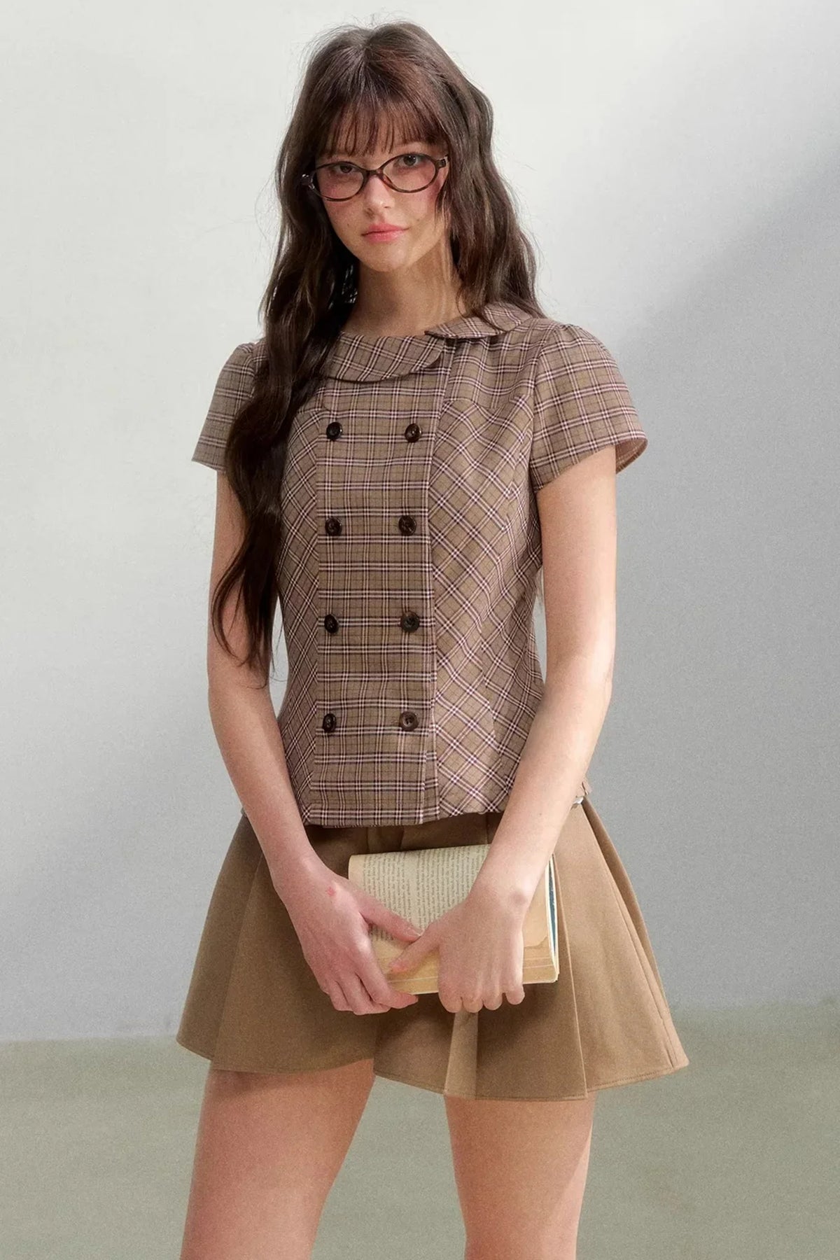 Retro Khaki Plaid Skirt Set-Up