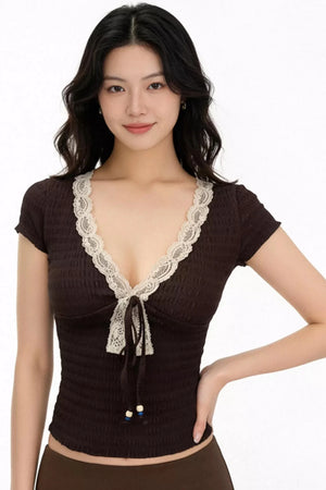 Retro Lace-Trimmed V-Neck Top