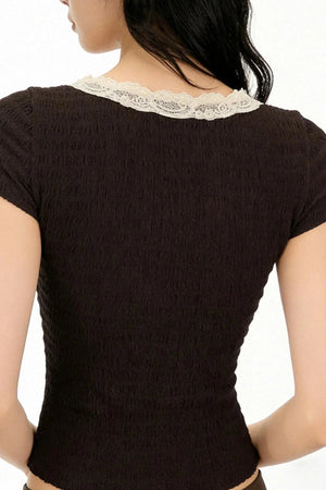 Retro Lace-Trimmed V-Neck Top